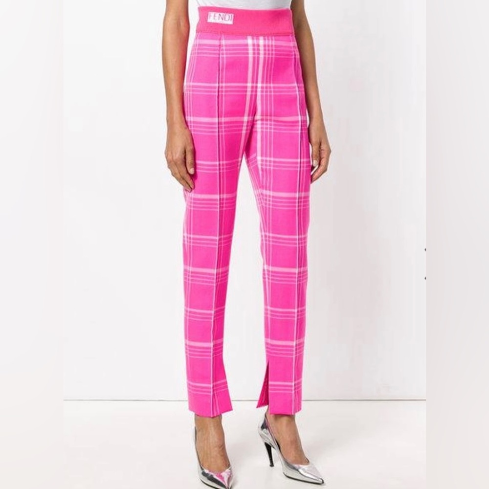 Fendi High-Rise Checked Wool Blend Trousers Pants